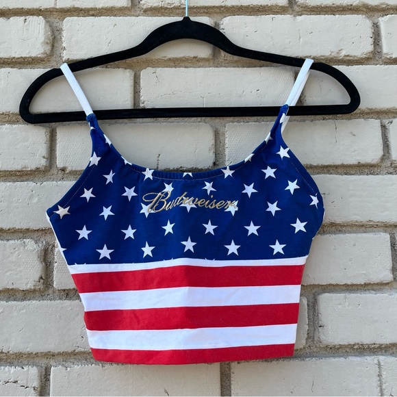 Vintage Deadstock Budweiser Flag Print Crop Tankini Swim Top - Size 9 - Picture 3 of 10